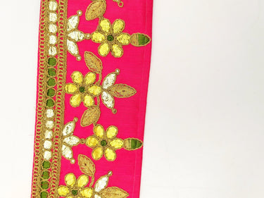 Radical Red Art Silk Fabric Trim, Green & Gold Floral Embroidery Gota Patti Indian Sari Border Trim By Yard Decorative Trim Craft Lace